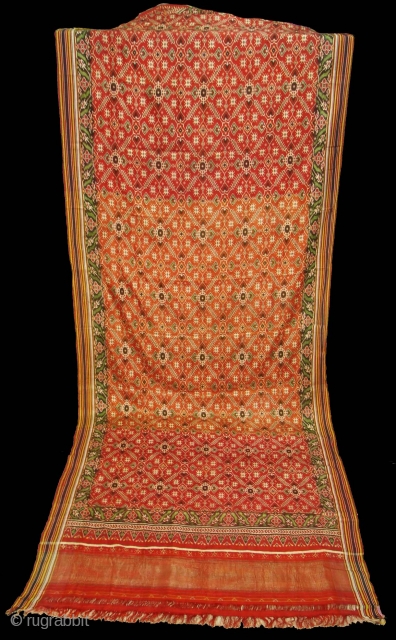 Patola Sari Silk Double ikat.Probably Patan Gujarat. India. this Patola sari has the type of geometric,non figurative pattern particularly favored by the ismaili Muslim merchant community of the Vohras.And its called Vohra-Gaji-Bhat.(Vohra  ...