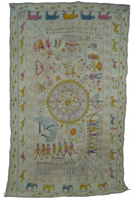 Kantha Quilted and embroidered cotton kantha Probably From East Bengal.(Bangladesh) region.India.Kantha is showing battle for East India Company with British, Jagan nath Yatra and Dancing Peoples. its very rare and early Kantha.Its  ...