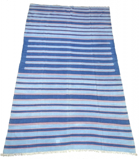 Indigo Blue,Jail Dhurrie(Cotton) Dark Blue-Light Blue Colour with double minaret striped Dhurrie.From Bikaner, Rajasthan. India.C.1900.Its size is 195X330cm (Large Size). Condition is very good(DSC06084).
         