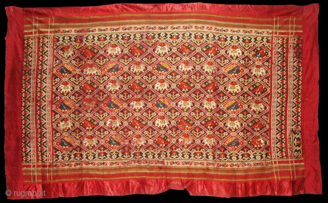 Nari Kunj Patola Dupatta Fragment , Silk Double Ikat,Probably Patan Gujarat. India.This Patola Uses one of the most Rare designs,known as Nari Kunj Patola.Its size is 130cmX222cm(DSC02589 New).     