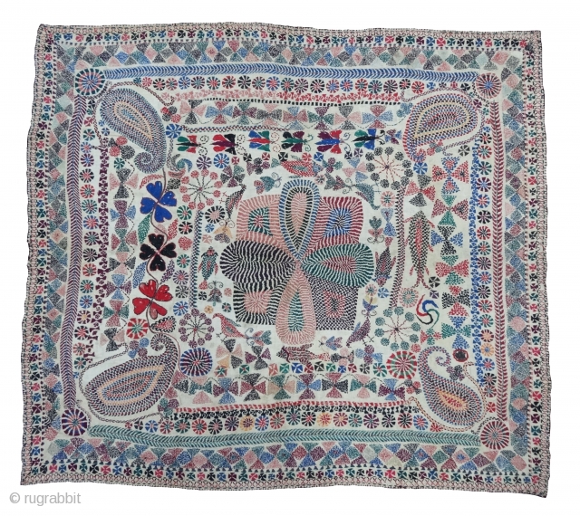 Nakshi-Kantha Embroidered cotton kantha Probably From East Bengal(Bangladesh) region, India.C.1900. Its size is 88cmX100cm.Very Good Condition(DSC06348).                 