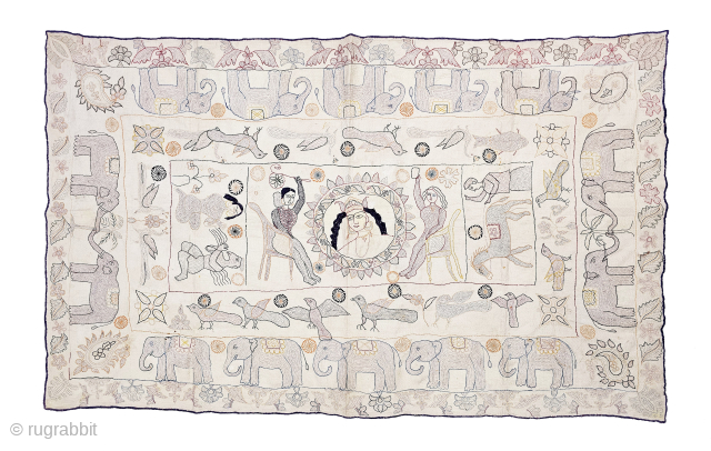 An Very Fine Folk Embroidery Kantha with different Folk Figures with design s , Fine Quilted and embroidered cotton kantha Probably From East Bengal(Bangladesh) region, India.

C.1875 -1900

Its size is 92cmX155cm (20241227_134750).  