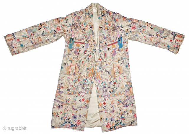 An Unique Chinese Art Embroidered Coat with lavish pastel hand embroidered Chinese Monk, Ladies, Monastery with  Gardens , Trees and birds amidst deep foliate patterns throughout. 2 button coat style with  ...