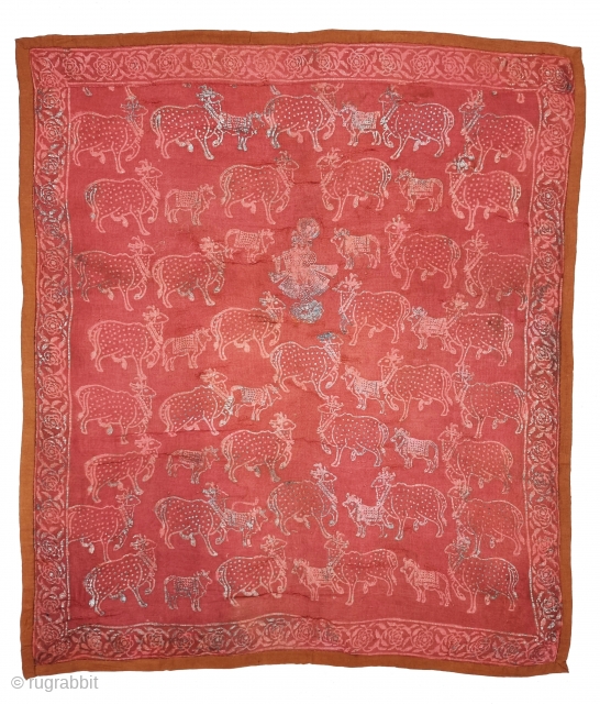 Pichwai for the Gopashtami , Showing the Krishan and Cows, From Gujarat India.
Silver-tinsel Stamped with gum on Blush-Red Muslin cotton.

Circa 1900.

Its size is 82cmX100cm (20230702_151050).        