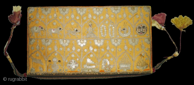 Jain Book Cover,Real Zari Aari Embroidery on the Satin Silk,From Gujarat India.Circa 1900.Its size is 7X30cm.Its Much more better Piece from the Picture(DSC00661 New).         