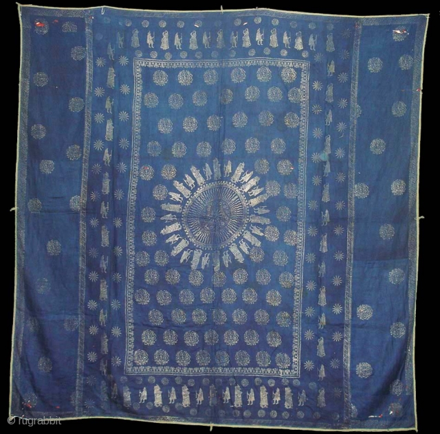 Indigo Blue Pichwai of Krishna and the cows From Gujarat India.Made from Silver Tinsel on Indigo Blue Malmal Cloth.C.1900.Its size is 160cmX162cm(DSC09512 New).
          