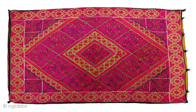 Pillow-Cover,Swat Valley(Pakistan). India.Cotton embroidered with floss silk.with woolen Braiding and Tassels.C.1900.Its size is 43cmx75cm(DSC06451).                   