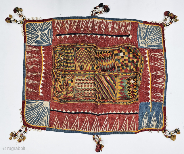 Ceremonial Banjara Baby Cradle "Jolna" From Madhiya Pradesh. India.

Finely Embroidered And Applied work Silk on the Cotton.

c.1900.

Its Size is 68cmX72cm (20240629_161244).            