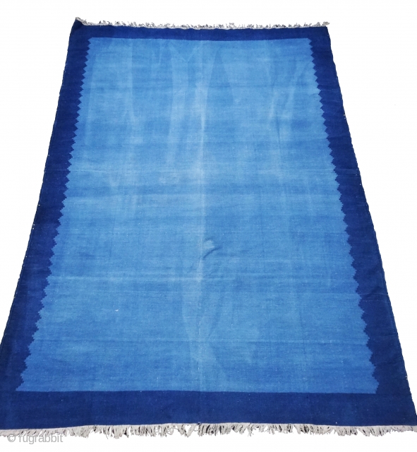 Indigo Blue,Jail Dhurrie(Cotton) Dark Blue-Light Blue Plain Weave Dhurrie. From Bikaner, Rajasthan. India.C.1900.Its size is 237X338cm (Large Size). Condition is very good(DSC06500).           