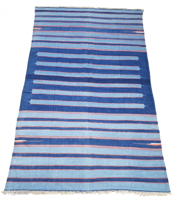 Indigo Blue,Jail Dhurrie(Cotton) Dark Blue-Light Blue Colour with double minaret striped Dhurrie.From Bikaner, Rajasthan. India.C.1900.Its size is 157X260cm (Large Size). Condition is very good(20200714_155215).         