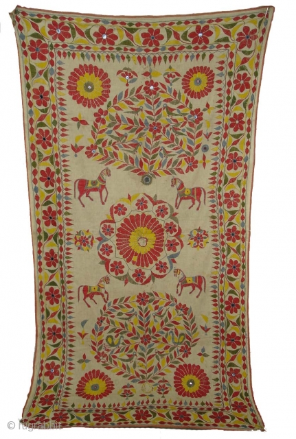 Dharaniya Wall Hanging From Saurashtra Gujarat.India. Used by the Kathi Darbar Family.Very Rare Wall Hanging.Its size is 107cm X 200cm.(DSC00150)             