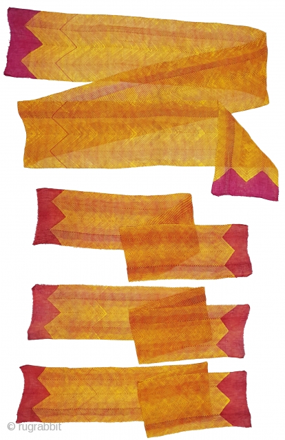 Rarest Turban (Safa) Family Collection of Four Pieces, Muslin Cloth tie-dyed in Yellow Turmeric colors in lahariya (wave) style, From Nagure District of Rajasthan. India. c.1900(20200722_135754).       