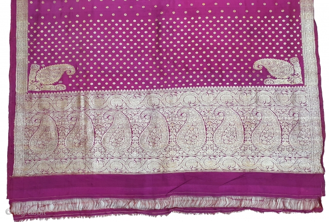 A Very Large Pitambari,Naksha Jala Kadwan Ambi Butta Palla Butidar Saree , Real Zari Silver threads with gold polish weaving on the silk,From Varanasi ,Uttar Pradesh, India. c.1900. Made for South-Indian Market.Top  ...