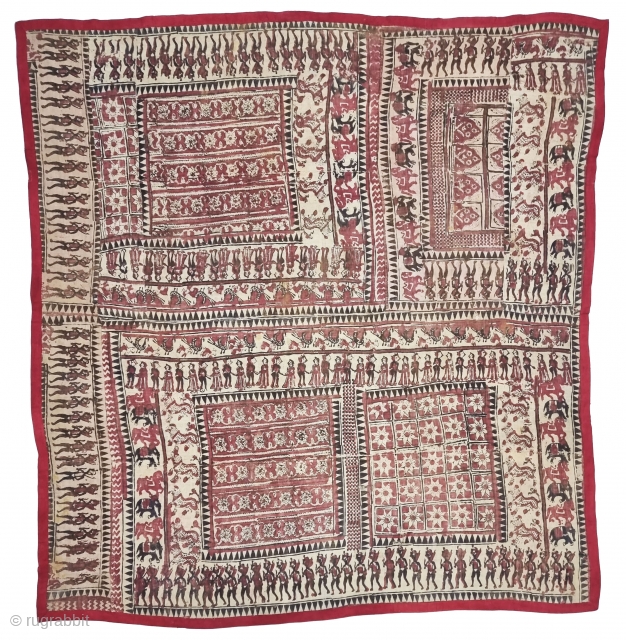 An Kalamkari And Block Print And Hand-Drawn, Mordant- And Resist-Dyed Khadi Cotton, From Gujarat Region of North-West India. India. Exported to the South-East-Asian Markets. 

c.1875-1900. 

Its size is 173cmX190cm(20220725_105706).    