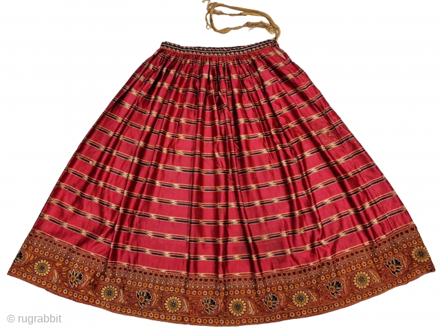 An very Rare Mochi Bharat Embroidery With Ikat Mashru Ghaghra Skirt , This Mashru weaving was done in the Mandvi Kutch Region Of Gujarat, North-West India,Its  Wave Design Silk And Cotton Ikat  ...