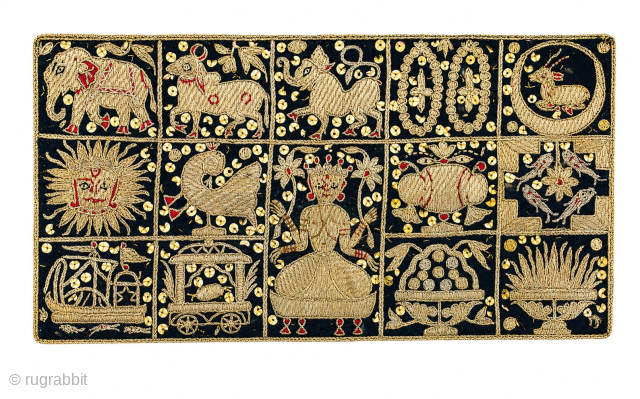 A Very Rare and Unique Jain Kalpasutra Manuscript Book Cover with exquisite real zari embroidery, from Kutch, Gujarat, India.
This exceptional embroidered manuscript cover depicts the sacred story of the birth of Lord ...