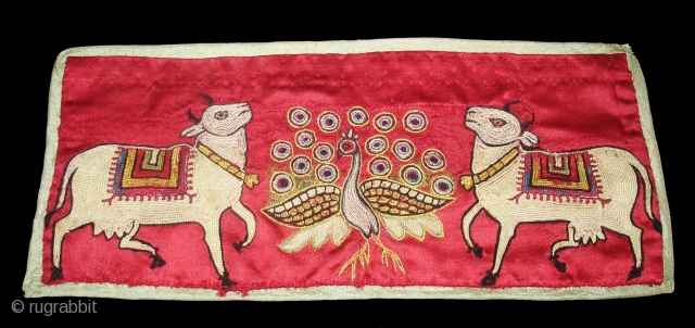 Pichwai Fragment of Mochi Bharat Embroidery (Silk on Silk Embroidery) From Kutch Gujarat, India. C1900. 13cmX28cm (DSC05906 New).               