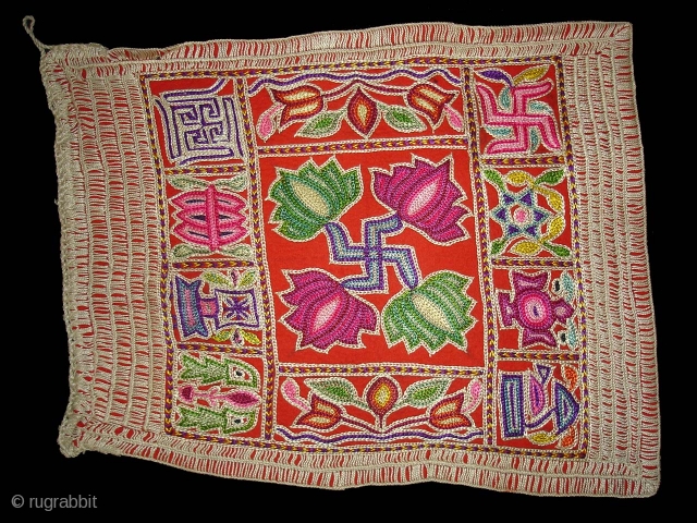 Jain Shrine cloth Ashtamangal, Mochi embroidered Silk on wool, From Gujarat,India.Its Its size is 27x34cm.C.1900. Condition is very good(DSC08909 New).             