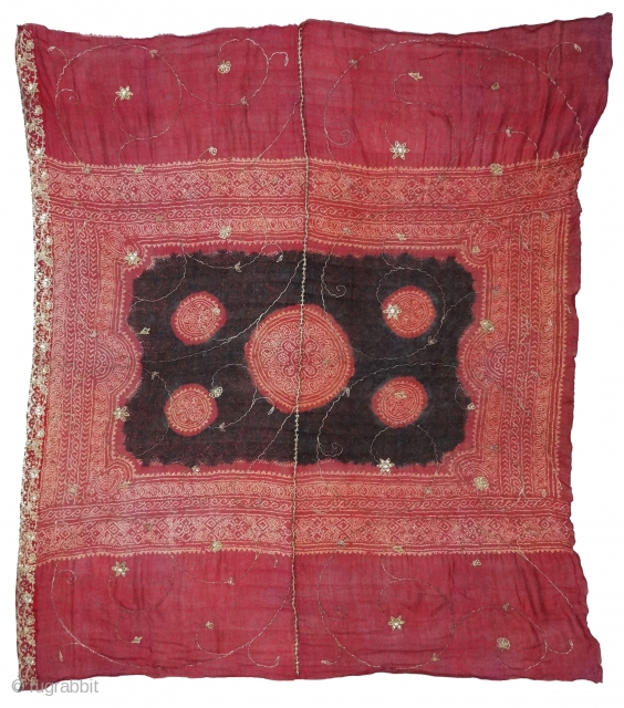 Kumbhi,Tie and Dye Silk Odhani(Bandhani)With Real Zari embroidery And border.From Kutch Region of Gujarat,India.C.1900. Belongs to Khatri community of West coast of Kutch Gujarat, Condition is very good.Its size is 150cmx180cm(DSC06698).  