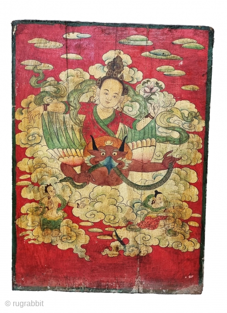 Dramatically Tibetan Buddhist Hand Painted Wood Panel

depicting symbols of Tibetan mythology such as Tigers Dragons and Lamas From Tibet.

C.1875-1900.

Its size is 58cmX80cm(20220802_163448).           