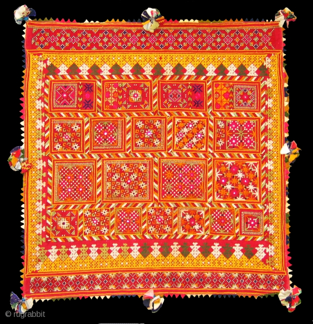 Dowry cloth,Mahar group,From Jaisalmer District of Rajasthan. India.Cotton embroidered with silk and cotton with mirrors.Its size is 95cmX135cm(DSC01450 New).              