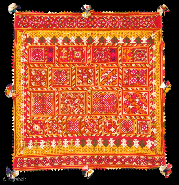 Dowry cloth,Mahar group,From Jaisalmer District of Rajasthan. India.Cotton embroidered with silk and cotton with mirrors.Its size is 95cmX135cm(DSC01450 New).              