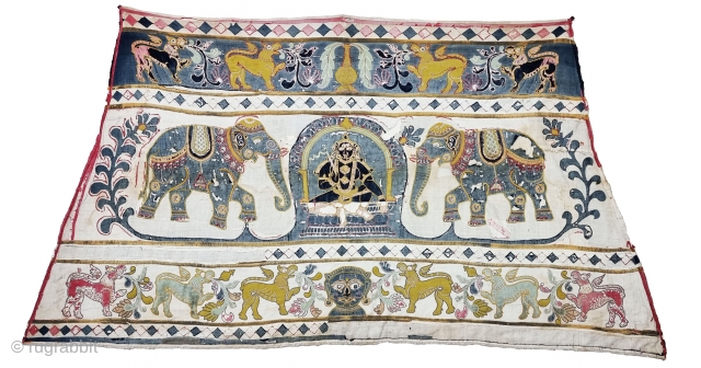 Unique and Rare Temple Hanging Applique work from South India. India. Cotton with cotton  Applique work. Showing the Lord Krishna with both side Elephants Surrounding with Beautiful Lions and Tree's.

C.1850 -1875.

Its  ...