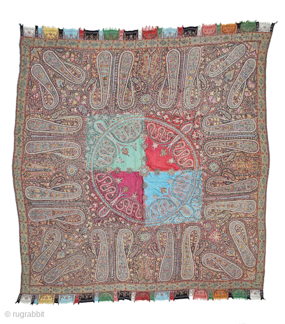 An Unique And Rare Char-Bagh (Four Season) , Embroidered Sqaure Shawl of Needle Work Jamawar, From Kashmir, India.

 C.1850-1875. 

Its Size is 170cmx187cm (20250804_120305).         