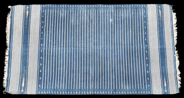 Indigo Blue,Jail Dhurrie(Cotton)Blue-White striped with mahi motif. Bikaner, Rajasthan. India.C.1900.Its size is 110cmX198cm(20190601_171523).



                    