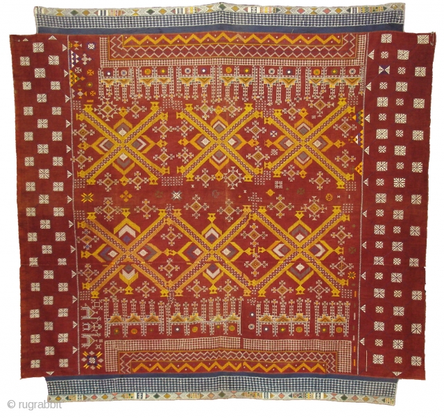 Odhani Bishnoi Shawl From Shekhawati District of Rajasthan, India. Odhani Showing the Chopat design on cotton Khadder (Village Khadi)cloth with natural colours,This were traditionally used mainly by Bishnoi Group of Shekhawati District  ...