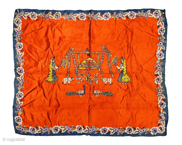 Pichwai of Nand Mahotsav Silk On Silk Embroidery, From Gujarat India.
C.1850 -1900.

Its Size is 62cmX75cm.

Nand Mahotsav occurs on the day after Janmashtami, and it celebrates the arrival of Krishna into the home  ...