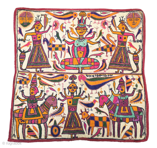 An Rare And Unusual Ganesh Sthapna .
Hand embroidered Vintage Folk Ganesh Sthapna is an embroidered five sided temple cloth, depicting Ganesh ~ the elephant headed deity who embodies wisdom and the Remover ...