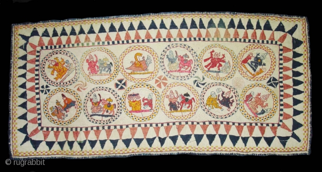 Embroidery Kantha Rumal From Midnapore District of west Bengal India.Showing the twelve different avatars of lord Vishnu.Its size is 27cmX56cm(DSC04880 New).            