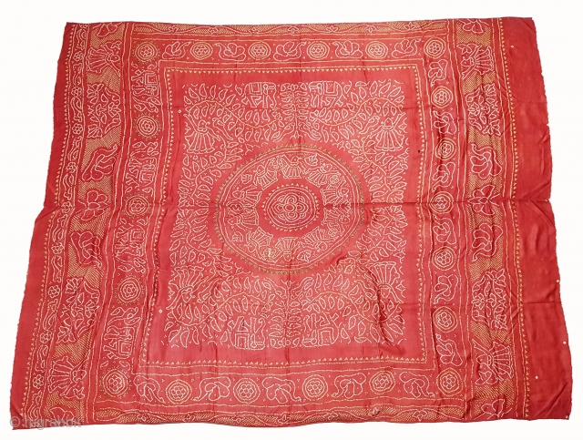 Tie And Dye Odhani,Gajji-Silk From Jamnagar,Gujarat, India.C.1900.Showing Dancing Gopies of Rasamandala in forests,Its size is 155cmX192cm(142210).                 