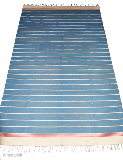 Indigo Blue,Jail Dhurrie(Cotton) Blue-White  Colour striped Dhurrie.From Bhuj Jail, Kutch-Gujarat. India.C.1900.Its size is 170X280cm (Large Size). Condition is very good(DSC06989).
            