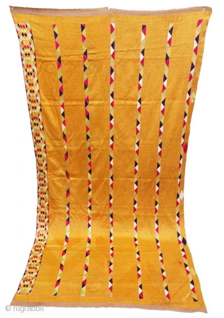 Phulkari from West (Pakistan) Punjab. India. Known as Vari-Da-Bagh, With Rare influence of Panch Rangi Lahariya borders in the middle and side border. C.1900.Floss silk on hand spun cotton ground cloth. Its  ...