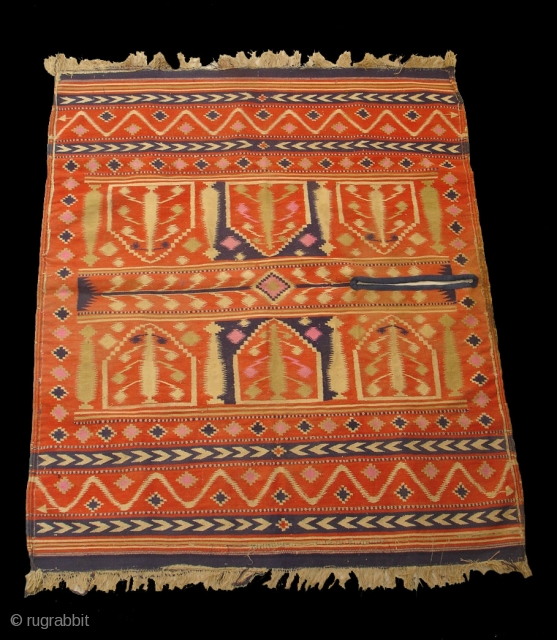 Village Jhule Dhurrie,with bands of zigzag,cartouche,chevron and tree of life motifs from Deccan south India.Its size is 115cmX140cm.Very Rare Piece of Dhurrie(DSC06115 New).
          