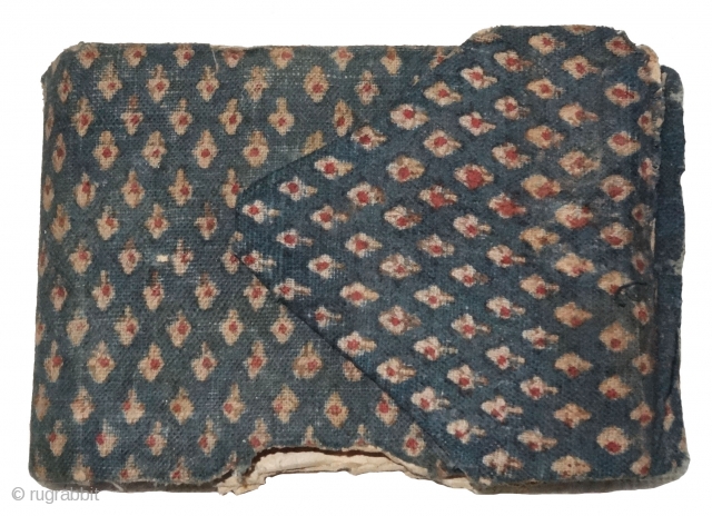 Holy Book of mythology, written in devanagari lipi on the paper, Khadi Cotton On Indigo base colour with flower design,From Rajasthan. India.Circa 1900.Its size is 14cmx55cm(DDSC07087).
       