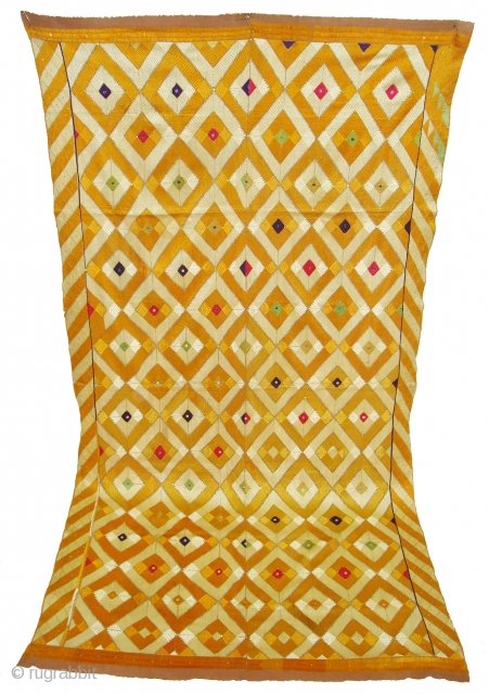 Rare Design Phulkari From West(Pakistan)Punjab. India. Showing the Rare influence of Mirrors and Zari work,Floss silk on hand spun cotton ground cloth(DSC03930).           