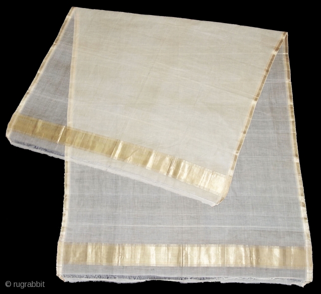 Zari (Real) Brocade Sadhu's(Priest)Shawl, From Deccan Region of South India.Fine Muslin Cotton with Real Zari Brocade weaving.C.1900.Its size is 128cmX260cm(DSC08225).             