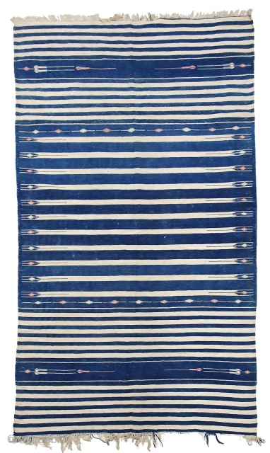 Indigo Blue,Jail Dhurrie(Cotton)Blue-White striped with mahi motif. Bikaner, Rajasthan. India.C.1900.Its size is 114X197cm. Condition is very good(20190917_151128).
                