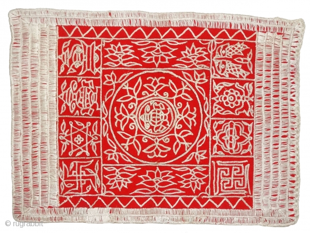 Jain Shrine cloth Ashtamangal, Chain Stitch embroidered Silk on wool,From Kutch, Gujarat, India.Its size is 30x40cm. c.1900. Condition is very good(DSC08028 New).
           