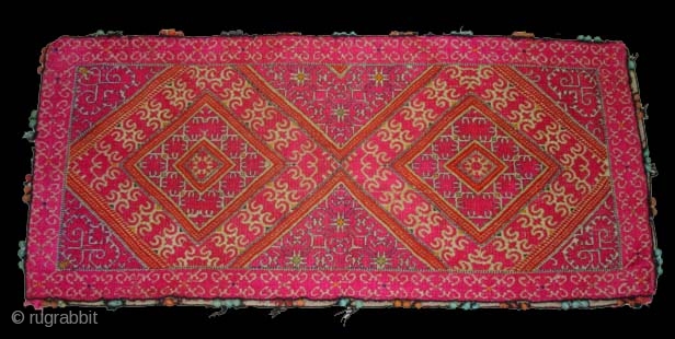 Pillow-Cover,Swat Valley(Pakistan).Cotton embroidered with floss silk.with woolen Braiding and Tassels.Its size is 35cm x 78cm(DSC04427 New).                 