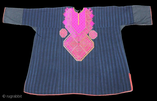 Woman's Embroidered Shirt(Kurta)From Swat Valley of Pakistan.Indigo-Dyed cotton with pink and maroon Floss-silk Embroidery(IMG_0895 New).
                  