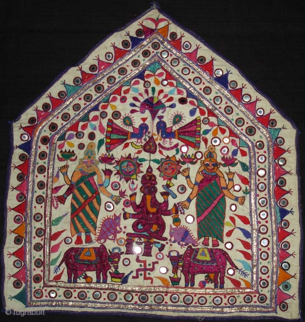 Ganesh Sthapana Wallhanging.its an Embroidered shrine Cloth Used on Special occasions by the kanbi farming caste of Saurashtra Gujarat India.Very rare Ganesha.           