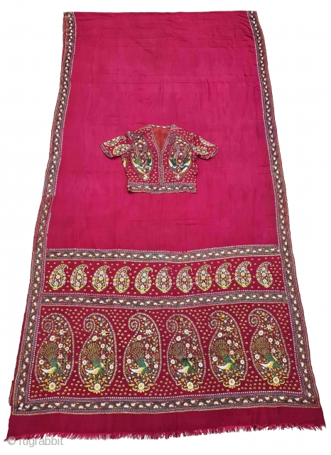 Parsi Gara Saree With Jhabla (Blouse) From Surat Gujarat India. The Embroidered with Paisley Peacock Design on the Plain satin weave .This kind of Gara Saree was embroidered by Chinese artisans in  ...