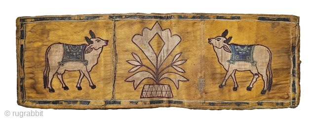 An Rare And Unique applique Gopashtami (Festival of Cows) Pichwai Panel for the Cows From Kutch Gujarat India.

Cotton Work Applique and Mochi Embroidery on the Yellow Silk Ground.

Circa 1875-1900.

Its size is 13cmX40cm  ...