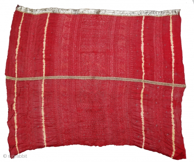 Kumbhi,Tie and Dye Silk Odhani(Bandhani)With Real Zari embroidery border in the middle with Mukesh (Badla) Work.From Kutch Region of Gujarat,India.C.1900. Belongs to Khatri community of West coast of Kutch Gujarat, Condition is  ...