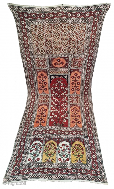 Kalamkari Mughal Tree of life from Lahore West (Pakistan) Punjab India. India. Kalamkari on the cotton with exotic birds and trees all within mihrab. Surrounded by lozenge border Late 19th Early 20th  ...