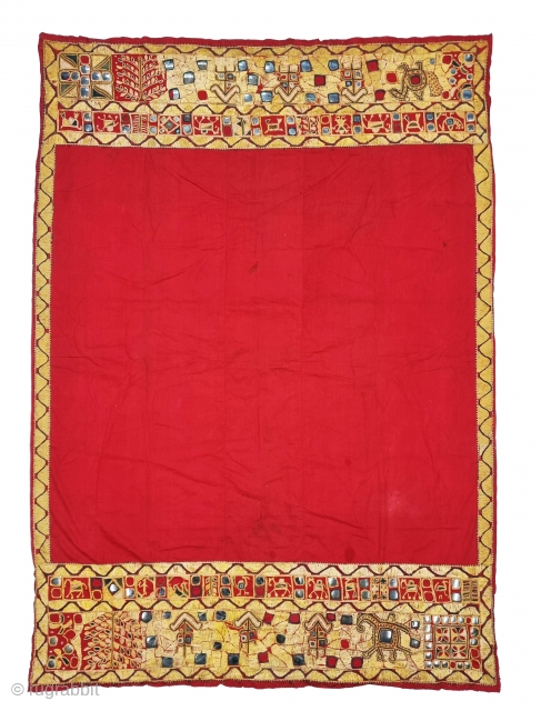 Folk Embroidery Odhani or Phulkari With Folk Figures of Animals ,Trees and Mirrors in the Borders From Hisar Region of Haryana . India. India. untwisted Floss silk on hand spun cotton ground  ...